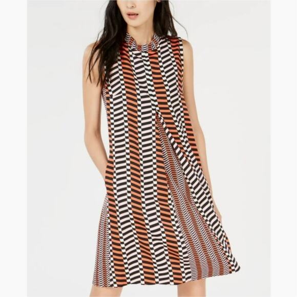 MARELLA Stripe Pleated A-Line Geometric Print Shift Silky Dress Black Orange | 8 - Picture 1 of 16